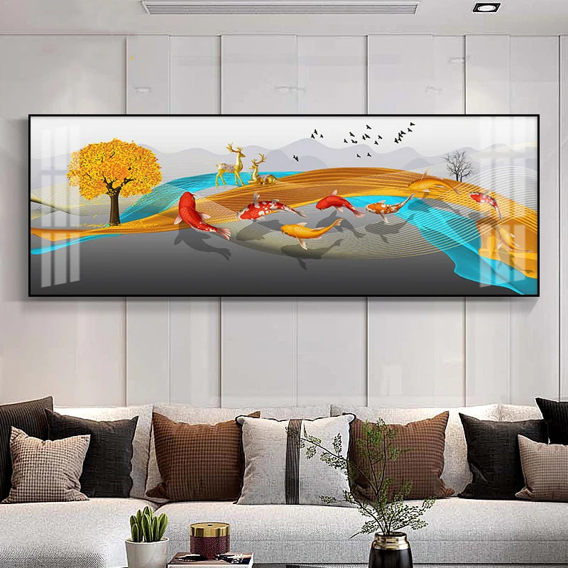Auspicious Feng Shui Abstract Golden Fish Wall Art Fine Art Canvas Prints Wide Format Pictures For Living Room Above The Sofa Art For Above The Bed