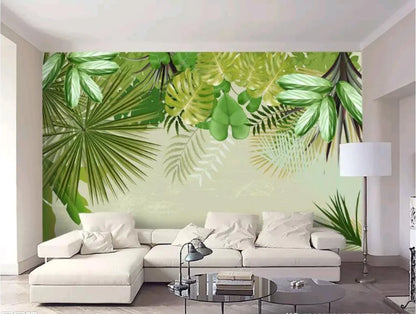 Tropical Green Leaves Wall Mural Big Size Palm Leaf Forest Exotic Foliage Green Leaf Wall Decor Custom Size Wall Covering Wallpaper For Living Room