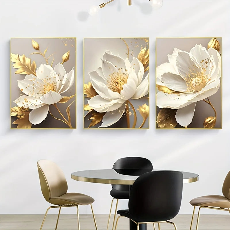 Abstract Nordic Floral White Petal Golden Leaf Flowers Wall Art Fine Art Canvas Prints Pictures For Bedroom Living Room Hotel Room Art Decor