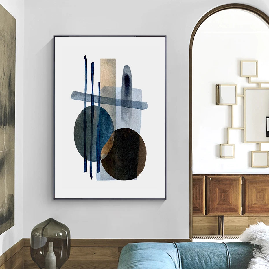 Neutral Colors Blue Brown Beige Watercolor Abstract Geometric Wall Art Fine Art Canvas Prints Pictures For Living Room Dining Room Bedroom Art Decor