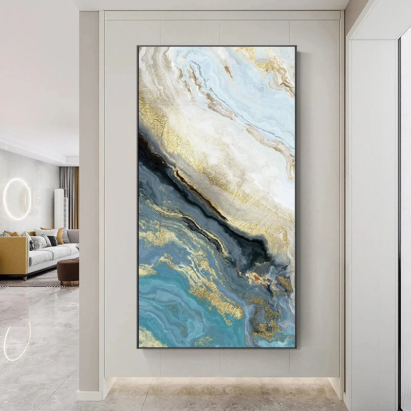 Blue Golden Liquid Marble Essence Wall Art Fine Art Canvas Prints Pictures For Modern Apartment Luxury Living Room Art Decor