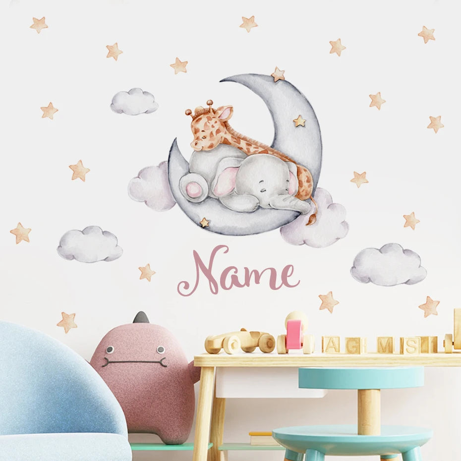 Personalized Baby's Name Wall Sticker For Nursery Room Cute Elephant Giraffe Moon & Stars Removable PVC Wall Decal For Kid's Room Wall Decor 