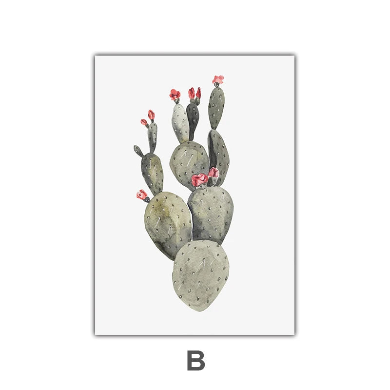 Minimalist Watercolor Cactus Potted Plant Green Leaves Wall Art Fine Art Canvas Prints Pictures For Dining Room Living Room Art Decor