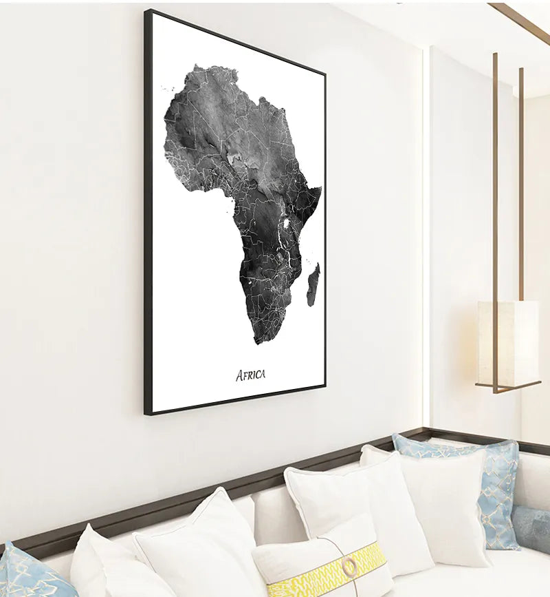* Featured Sale * Africa Map Wall Art Black & White Poster Fine Art Canvas Print African Continent Travel Map Art For Home Office Wall Decoration