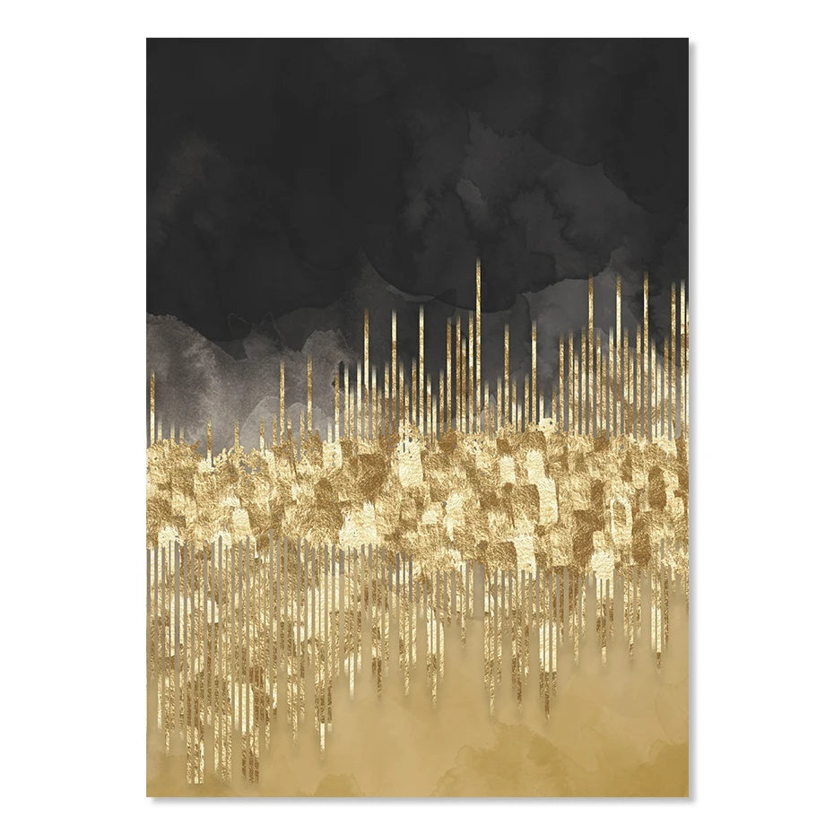 Abstract Golden Cityscape On Black Watercolor Canvas Print Wall Art Light Luxury Pictures For Living Room Bedroom Home Office Decor