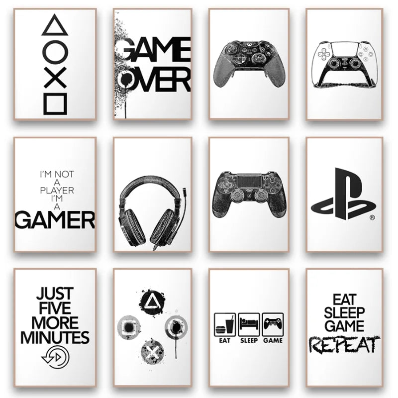 Black & White Gamer Posters Minimalist Wall Art Fine Art Canvas Prints Trendy Pictures For Kid's Room Gamers Room Wall Art Decor