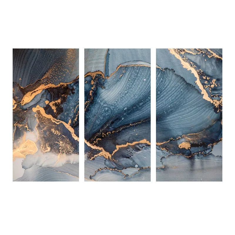 Set of 3Pcs Abstract Golden Blue Liquid Marble Print Wall Art Fine Art Canvas Prints Pictures For Modern Living Room Bedroom Home Office Decor