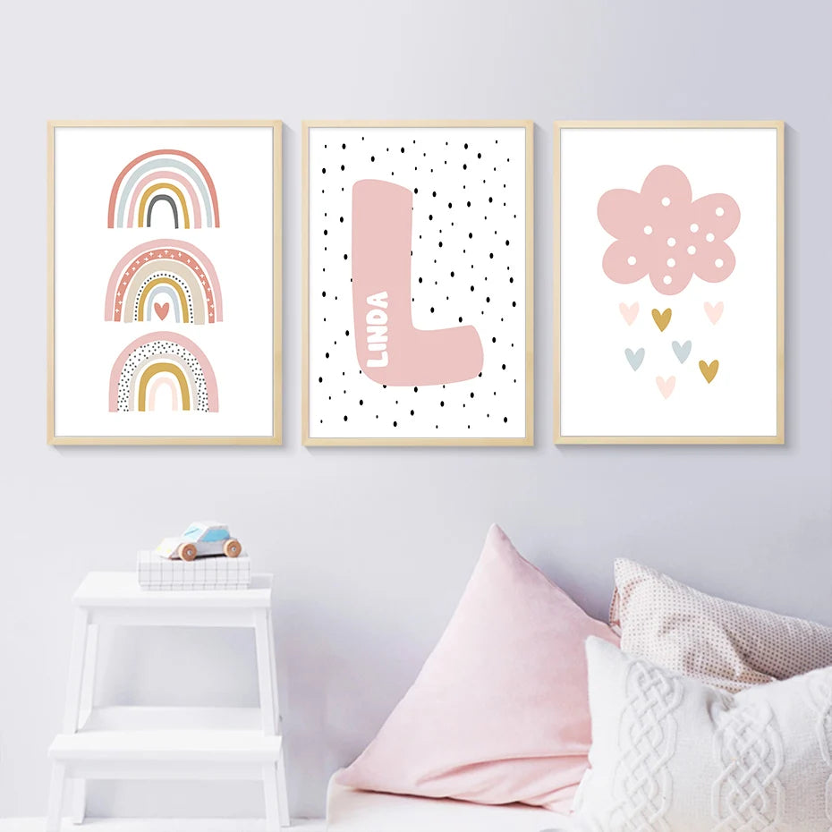 Pink Rainbow Cloud Love Hearts Personalized Baby's Name Wall Art Posters Fine Art Canvas Prints For Nursery Room Children's Bedroom Decor