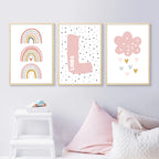Pink Rainbow Cloud Love Hearts Personalized Baby's Name Wall Art Posters Fine Art Canvas Prints For Nursery Room Children's Bedroom Decor