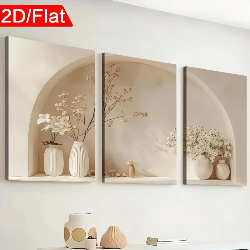 Three-panel wall art with floral arrangements and vases on a white background