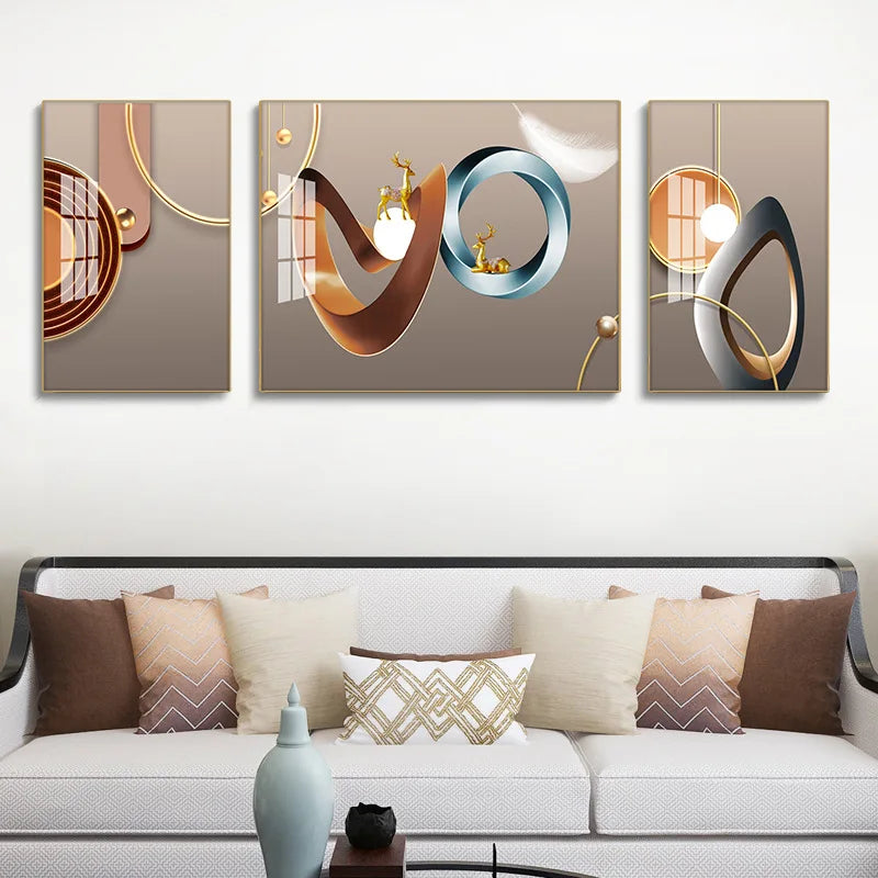 Set of 3Pcs Nordic Abstract Circle Of Light Auspicious Flowing Landscape Wall Art Fine Art Canvas Prints Pictures For Luxury Living Room Dining Room Wall Decor (Triptych, Set of 3)