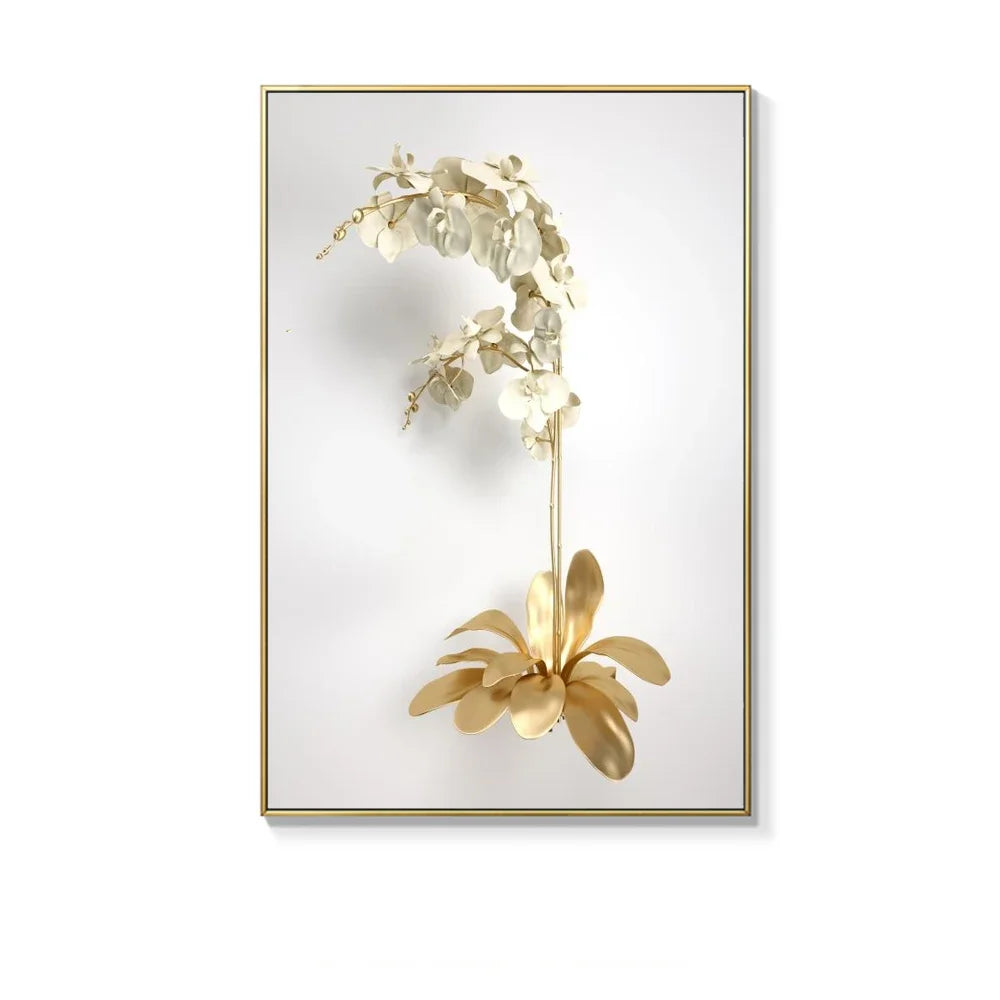 Decorative wall art with gold leaf design on a white background