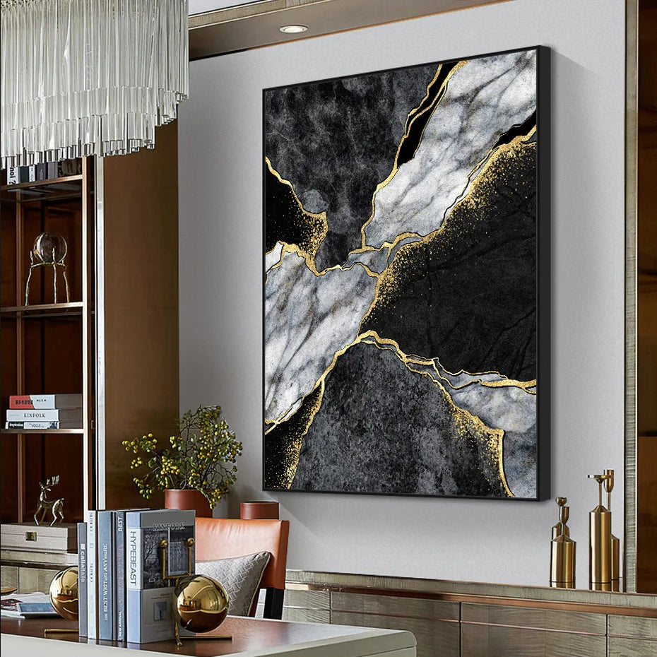 Modern Abstract Black Gray Golden Geode Marble Print Wall Art Fine Art Canvas Prints Pictures For Luxury Apartment Living Room Home Office Decor