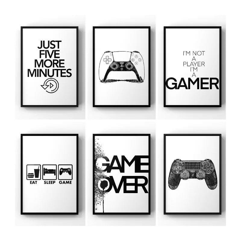 Black & White Gamer Posters Minimalist Wall Art Fine Art Canvas Prints Trendy Pictures For Kid's Room Gamers Room Wall Art Decor