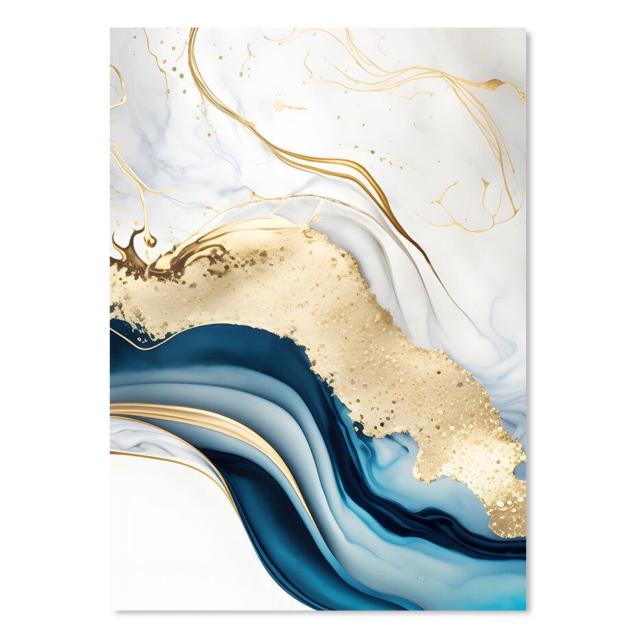 Set of 3Pcs Abstract Liquid Blue Golden Marble Print Wall Art Fine Art Canvas Prints Pictures For Modern Living Room Bedroom Home Office
