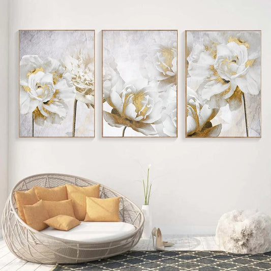 Opulent Blossoms Elegant White Flowers with Gold Accents Canvas Wall Art Fine Art Canvas Prints Posters Floral Pictures For Modern Living Room