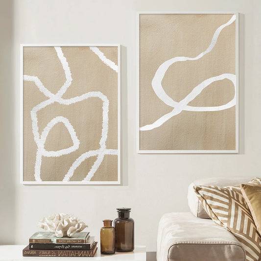 White Beige Minimalist Line Sketch Abstract Wall Art Fine Art Canvas Prints Pictures For Living Room Bedroom Modern Scandinavian Home Interior Decor