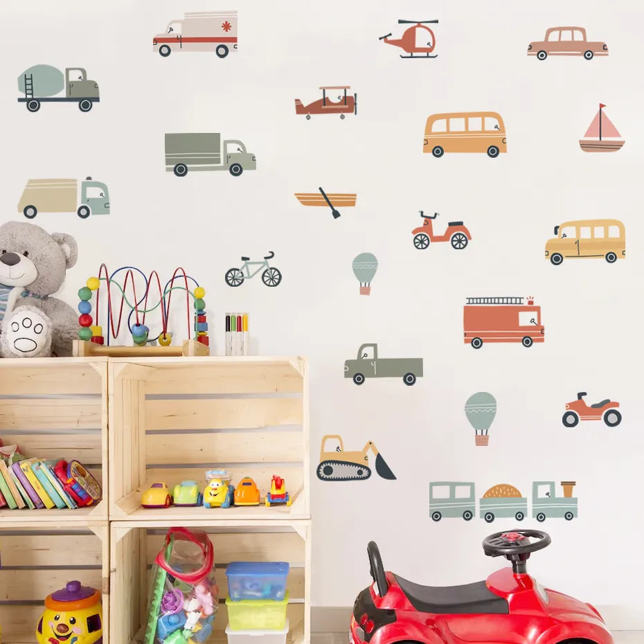 Cute Cartoon Trucks Buses & Cars Wall Stickers For Boy's Room Removable Peel & Stick PVC Wall Decals For Creative DIY Nursery Home Decor 