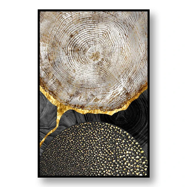 Abstract Black Golden Tree Rings Wall Art Fine Art Canvas Prints Light Luxury Pictures For Living Room Foyer Entranceway Reception Room Art Decor