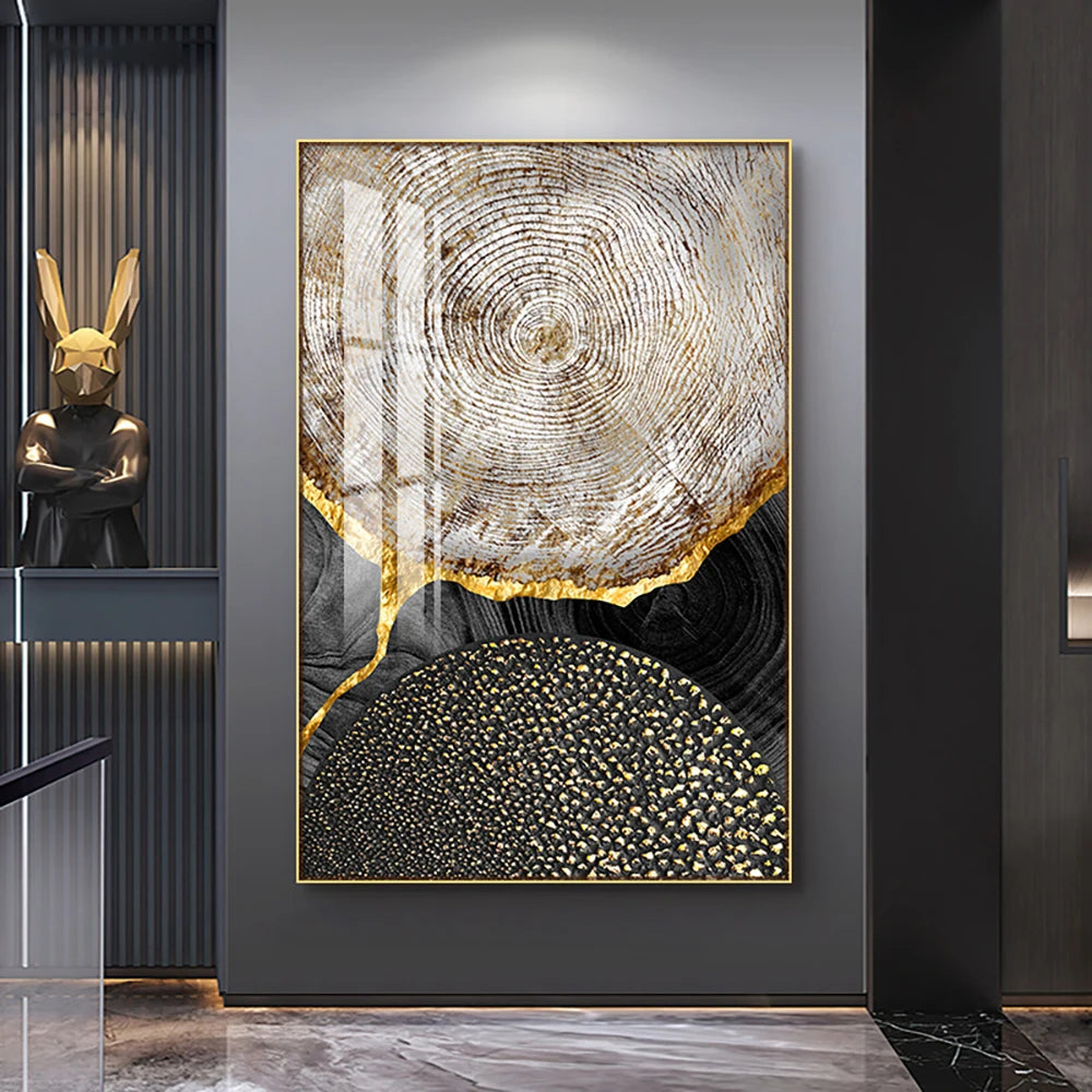 Abstract Black Golden Tree Rings Wall Art Fine Art Canvas Prints Light Luxury Pictures For Living Room Foyer Entranceway Reception Room Art Decor