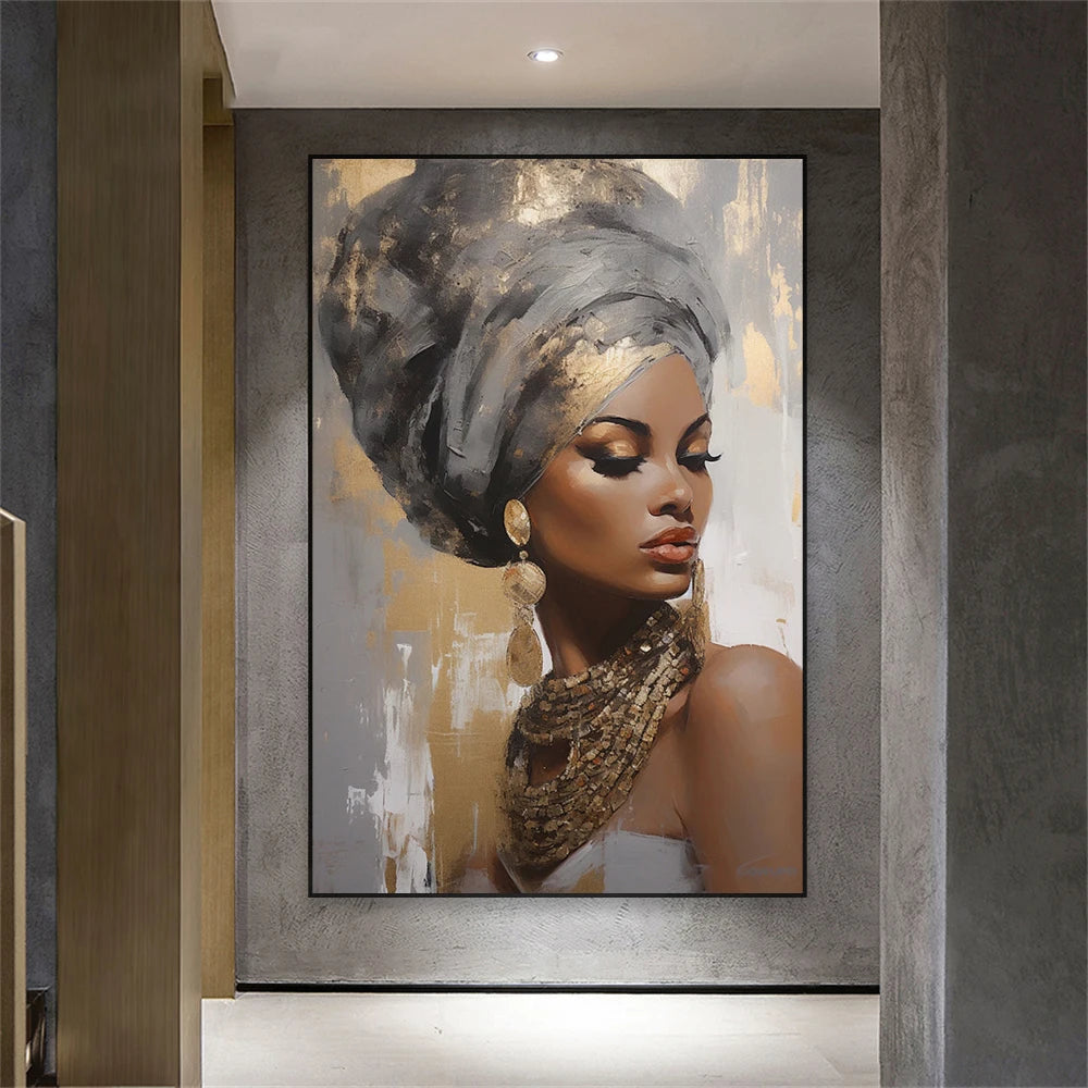 Golden Girl Fashion Wall Art Fine Art Canvas Prints Modern Abstract Portrait Pictures For Living Room Bedroom Boutique Salon Art Decor