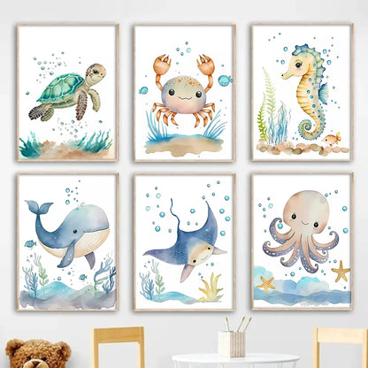 Cute Ocean Animals Seahorse Turtle Octopus Wall Sticker For Nursery Room Removable Peel & Stick PVC Wall Decals For Creative Kid's Room Decor