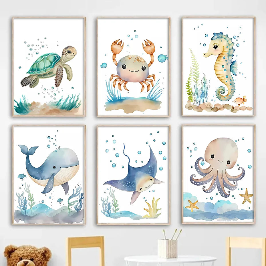 Cute Ocean Animals Seahorse Turtle Octopus Wall Sticker For Nursery Room Removable Peel & Stick PVC Wall Decals For Creative Kid's Room Decor