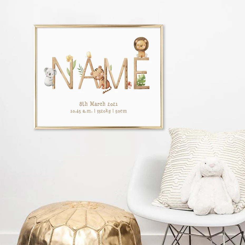 Personalized Baby's Name Poster Wall Art Fine Art Canvas Prints Cute Picture For Children's Nursery Room Baby's Room Kid's Room Signage Decor