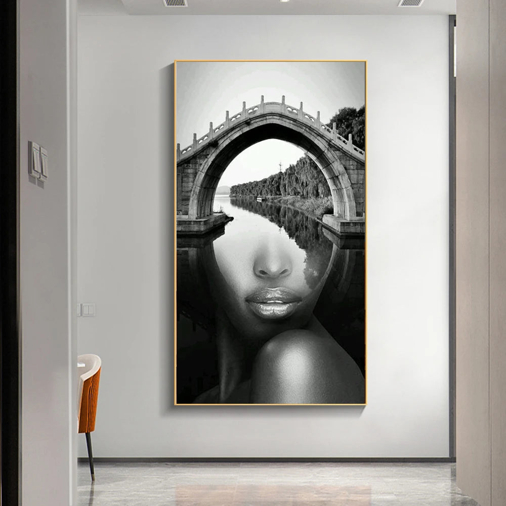 Modern Abstract Portrait Superimposition Landscape Wall Art Fine Art Canvas Prints Black White Pictures For Modern Living Room Entranceway Foyer Art Decor (Unframed)