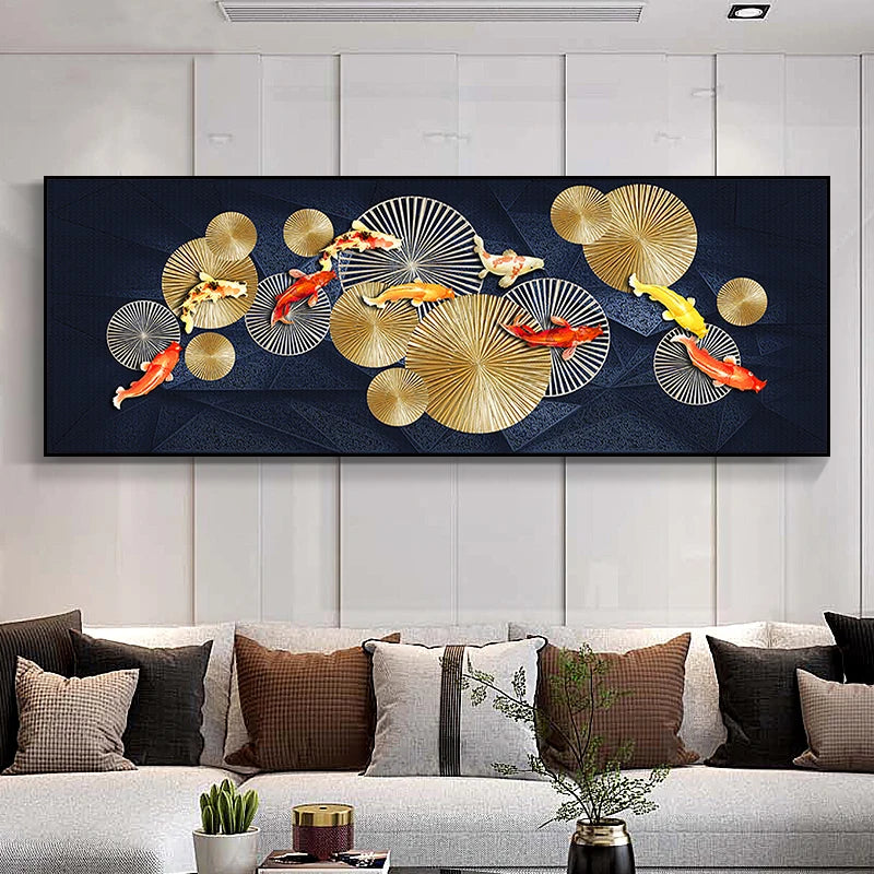 Auspicious Feng Shui Abstract Golden Fish Wall Art Fine Art Canvas Prints Wide Format Pictures For Living Room Above The Sofa Art For Above The Bed