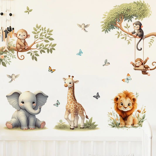Wall stickers with cartoon animals including elephants, giraffes, and monkeys on a white background.
