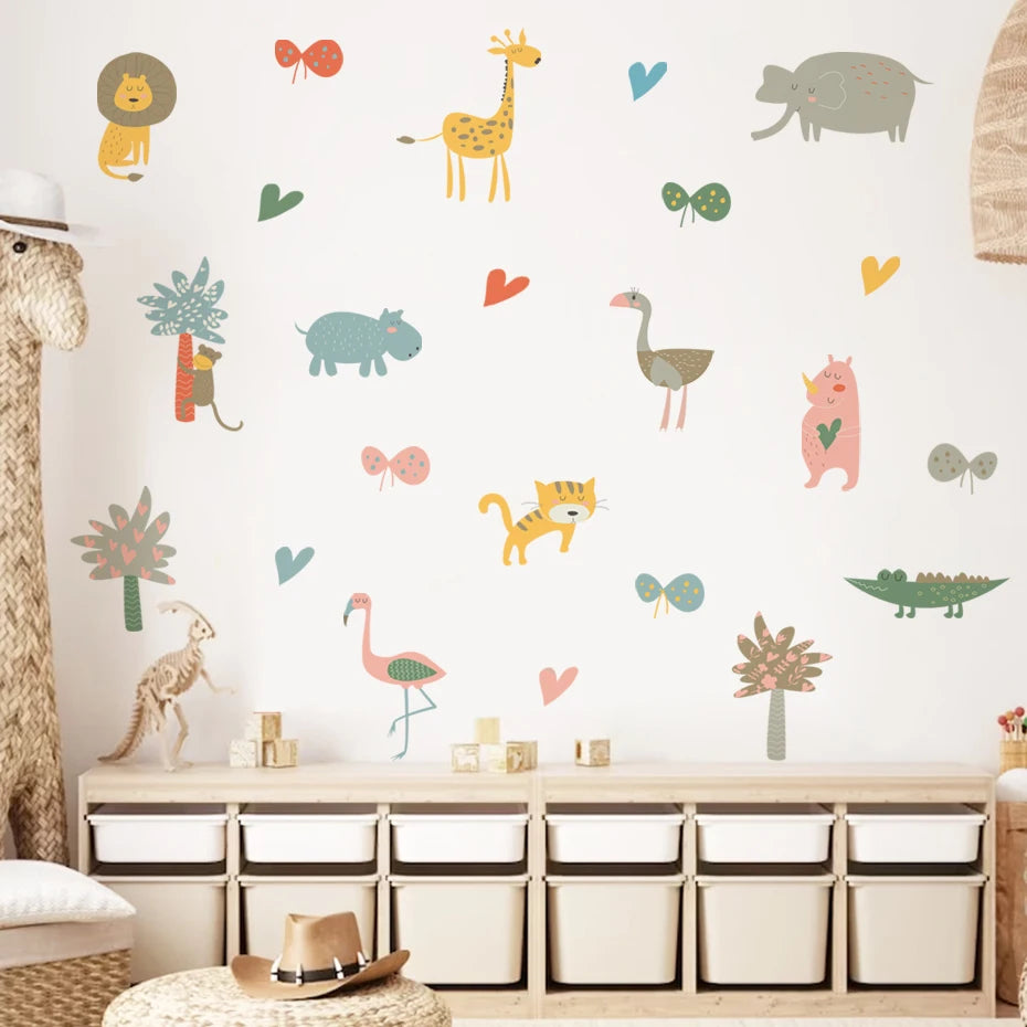 Children's room with colorful animal wall decals on a white wall.