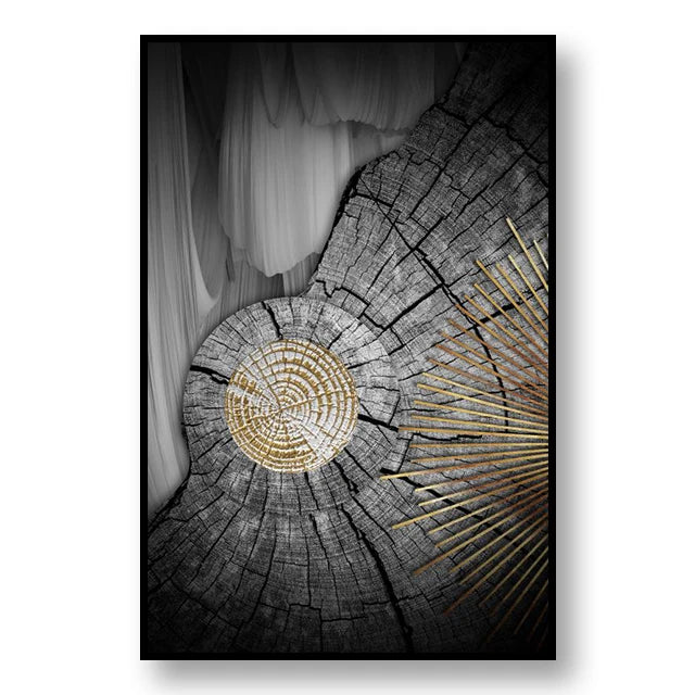 Abstract Black Golden Tree Rings Wall Art Fine Art Canvas Prints Light Luxury Pictures For Living Room Foyer Entranceway Reception Room Art Decor