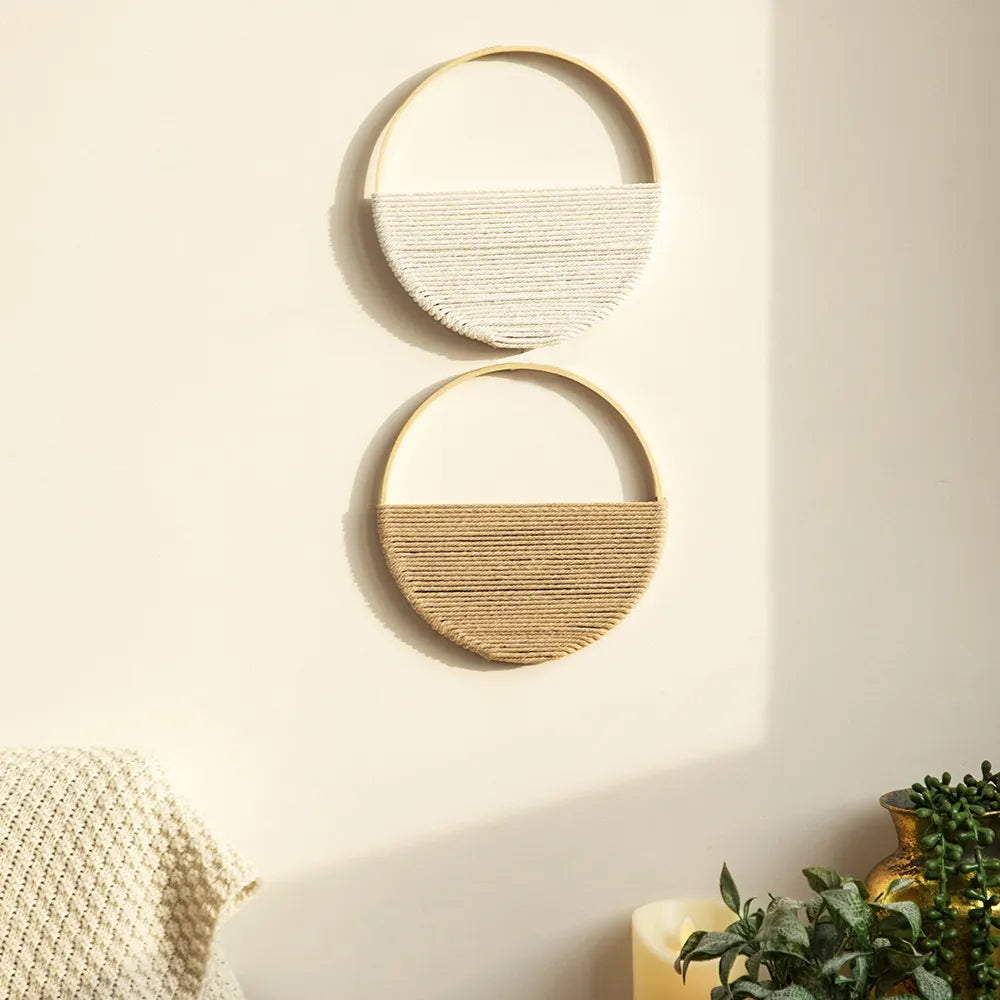 Set of 2Pcs Minimalist Handmade Nordic Macramé Wall Decorations Textural Woven Art Pieces For Scandinavian Living Room Bedroom Home Decor