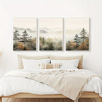 Set of 3Pcs Misty Mountain Forest Wall Art Fine Art Canvas Prints Modern Landscape Neutral Tones Artwork For Living Room