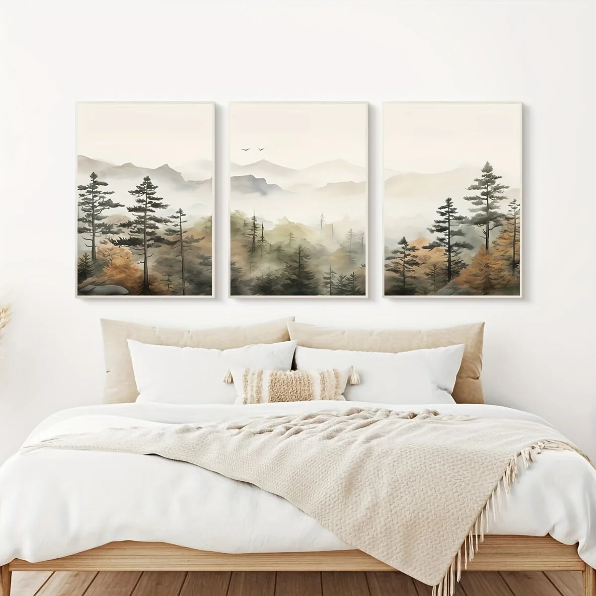 Set of 3Pcs Misty Mountain Forest Wall Art Fine Art Canvas Prints Modern Landscape Neutral Tones Artwork For Living Room