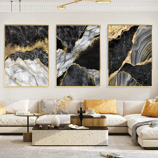 Modern Abstract Black Gray Golden Geode Marble Print Wall Art Fine Art Canvas Prints Pictures For Luxury Apartment Living Room Home Office Decor