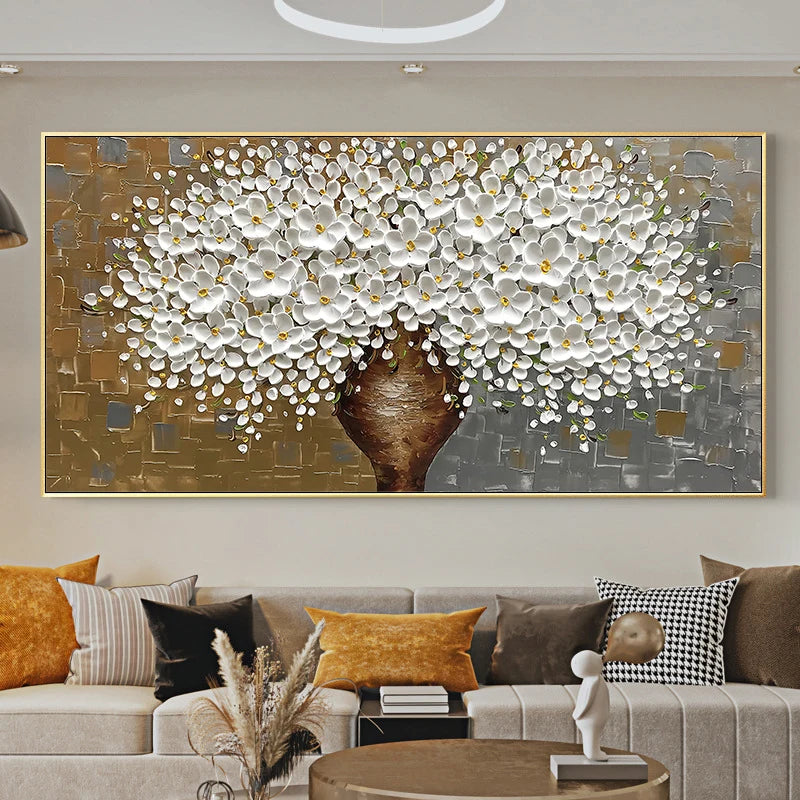 Modern Abstract Floral Oil Painting Fine Art Canvas Print Large Format Wall Art White Petal Flower Pictures For Living Room Bedroom Art Decor