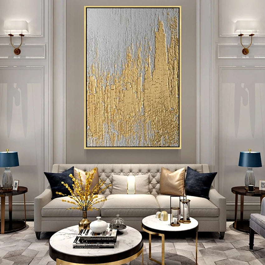 * Hand Painted * Modern Abstract Wall Art Large Format Golden Painting Textured Brush Strokes Acrylic Oil On Canvas Picture For Luxury Living Room