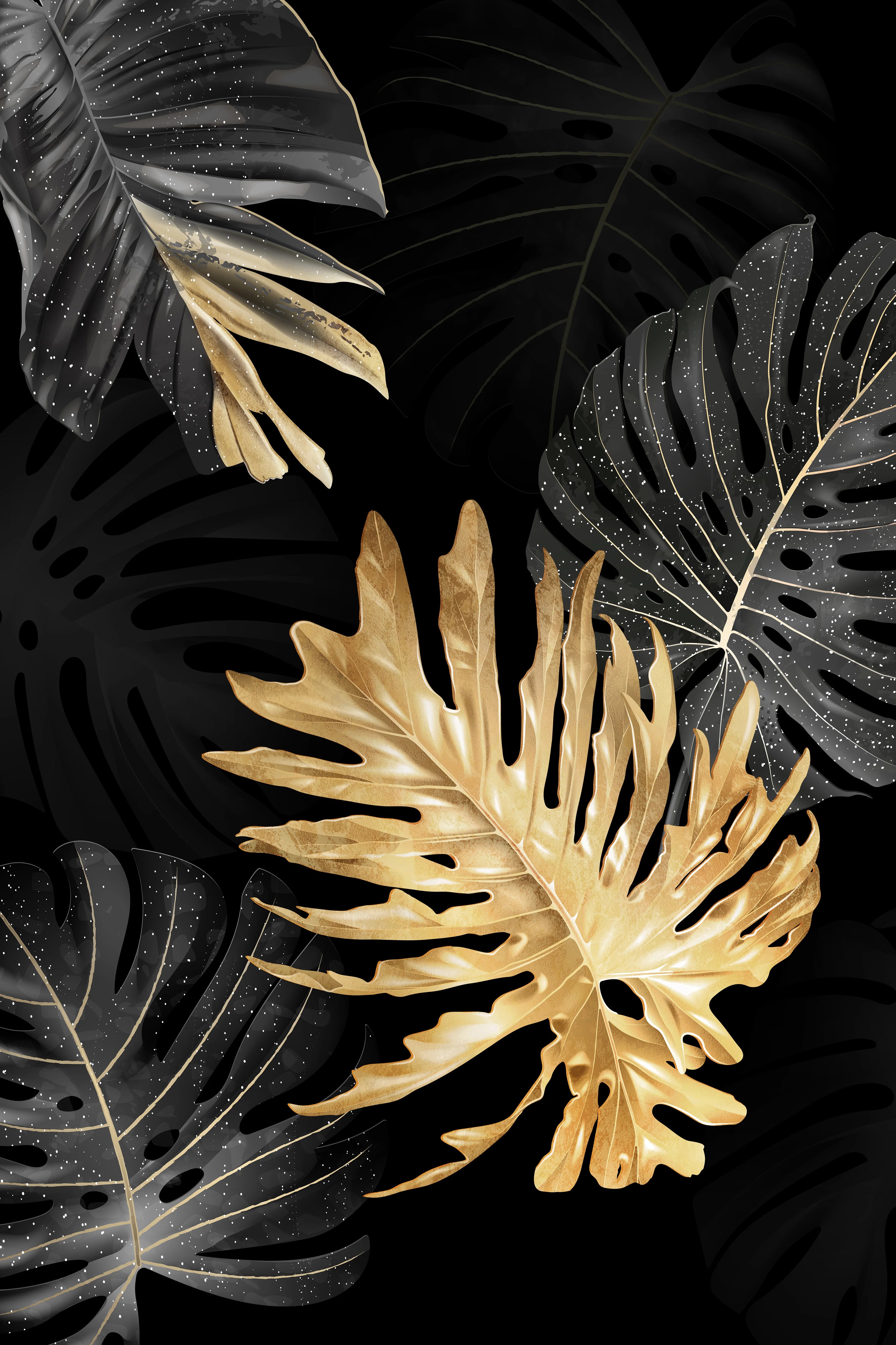 * Featured Sale * Black Golden Leaf Wall Art Fine Art Canvas Prints Modern Tropical Botanical Pictures For Living Room Bedroom Home Office Decor