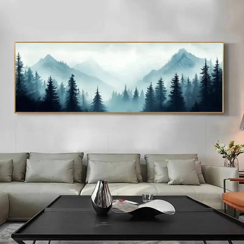 Wide Format Mountain Mist Canvas – Serene Foggy Forest Landscape Wall Art for Modern Living Room or Home Office Decor