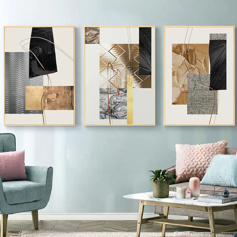 Golden Geometric Montage Abstract Wall Art Fine Art Canvas Prints Pictures For Modern Apartment Living Room Bedroom Home Office Hotel Art Decor