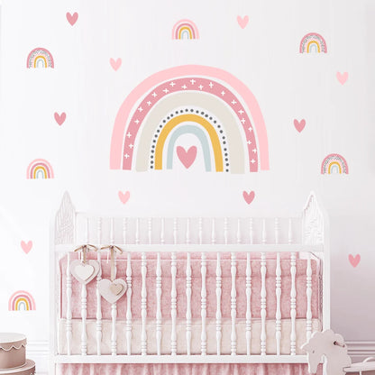 Cute Pink Rainbow Love Hearts Nursery Wall Stickers Removable Self Adhesive PVC Wall Stickers Baby Girl's Room Creative DIY Home Decor