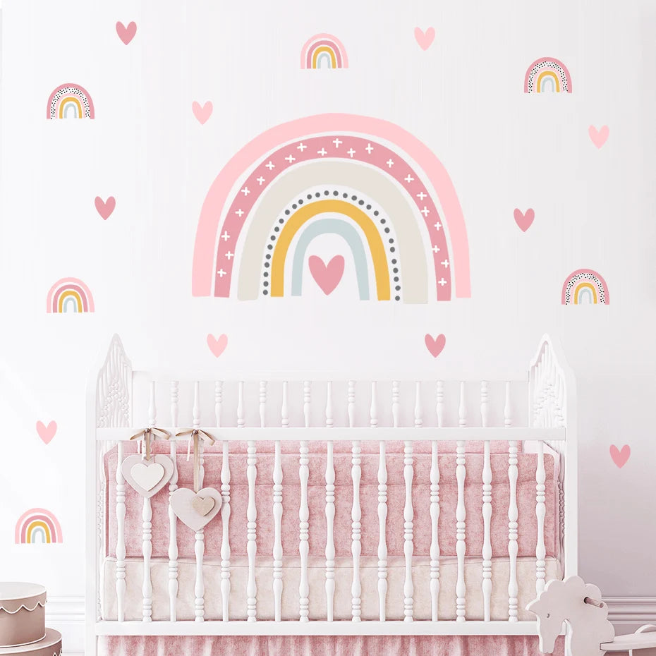 Cute Pink Rainbow Love Hearts Nursery Wall Decals Removable Self Adhesive PVC Wall Stickers Baby Girl's Room Creative DIY Home Decor