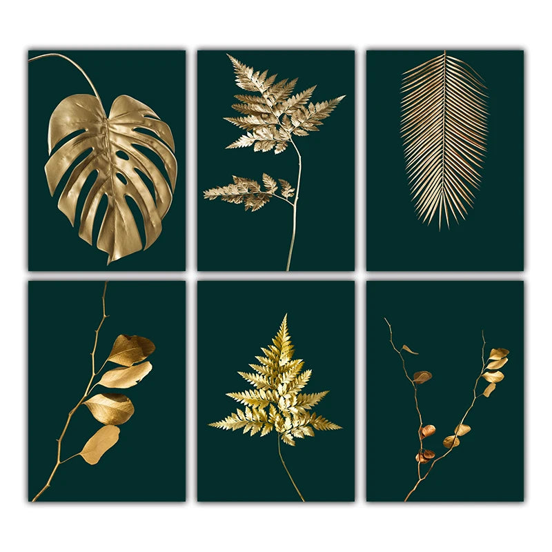 Abstract Tropical Botany Golden Leaves Wall Art Fine Art Canvas Prints Pictures For Living Room Dining Room Light Luxury Home Decor