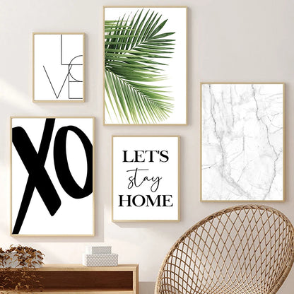 Let's Stay Home Minimalist Black White Marble Fern Leaf Wall Art Fine Art Canvas Prints Gallery Wall Pictures For Living Room Simple Home Decor