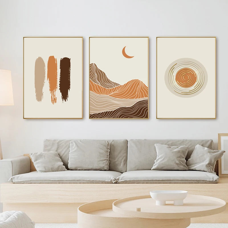 Abstract Geometric Taupe Terracotta Landscape Sun Moon Wall Art Fine Art Canvas Prints Pictures For Living Room Bedroom Art Decor