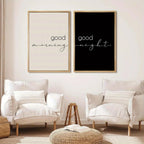 Good Morning Good Night Typography Wall Art Set of 2Pcs Unframed Modern Minimalist Black/Beige Canvas Prints
