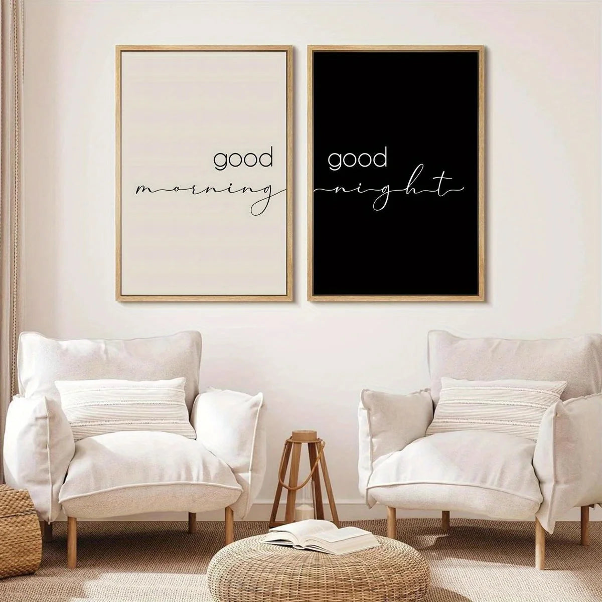 Good Morning Good Night Typography Wall Art Set of 2Pcs Unframed Modern Minimalist Black/Beige Canvas Prints