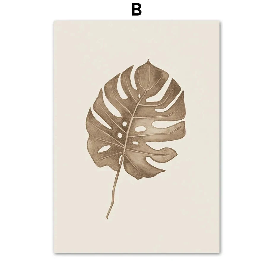 Monstera Fern Leaf Botany Specimen Wall Art Fine Art Canvas Prints Neutral Color Minimalist Pictures For Living Room Dining Room Bedroom Art Decor